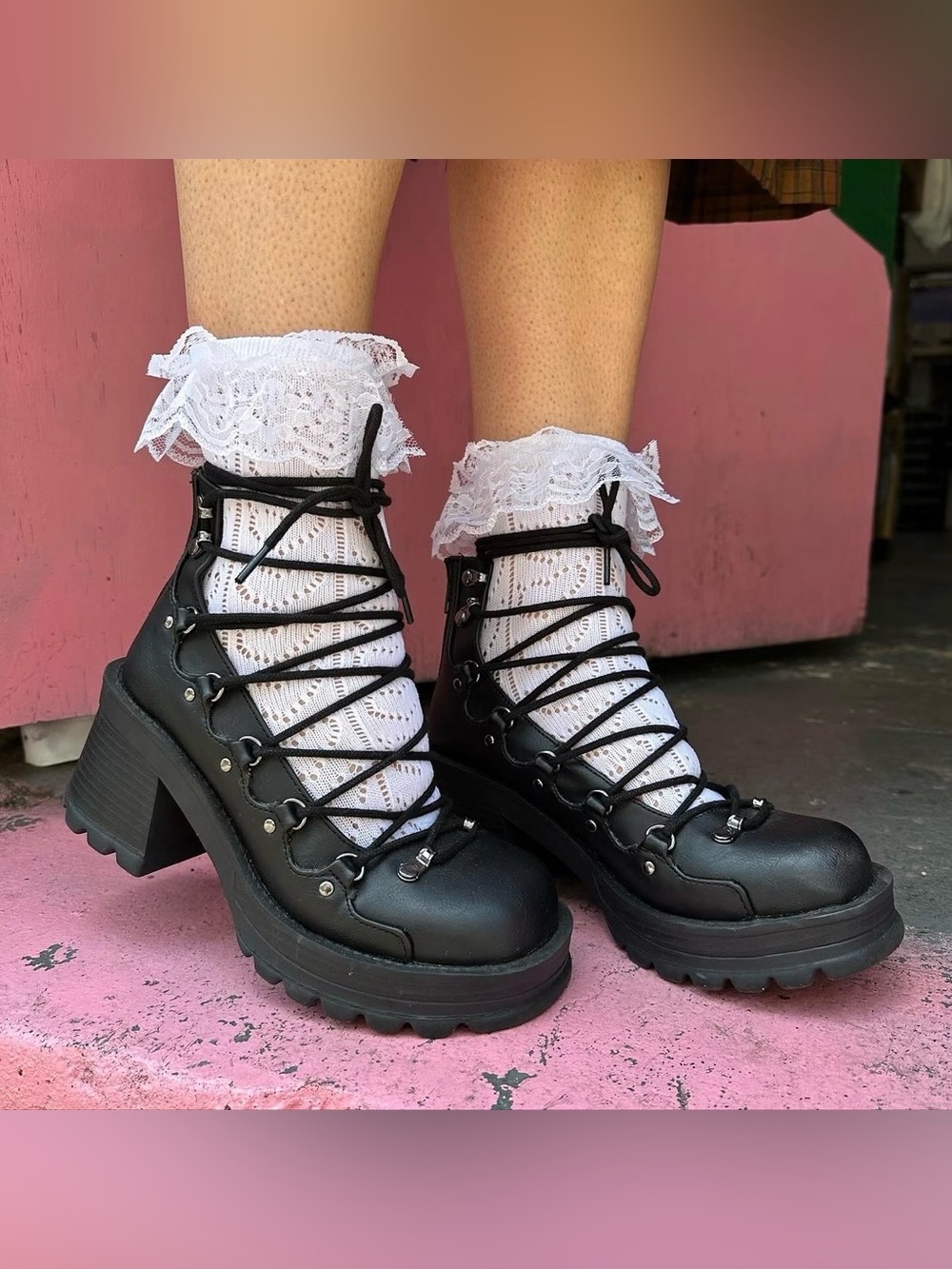 Demonia Bratty-32 Black Platform D-Ring Goth Lolita Lace Up Ankle Booties Size 9
